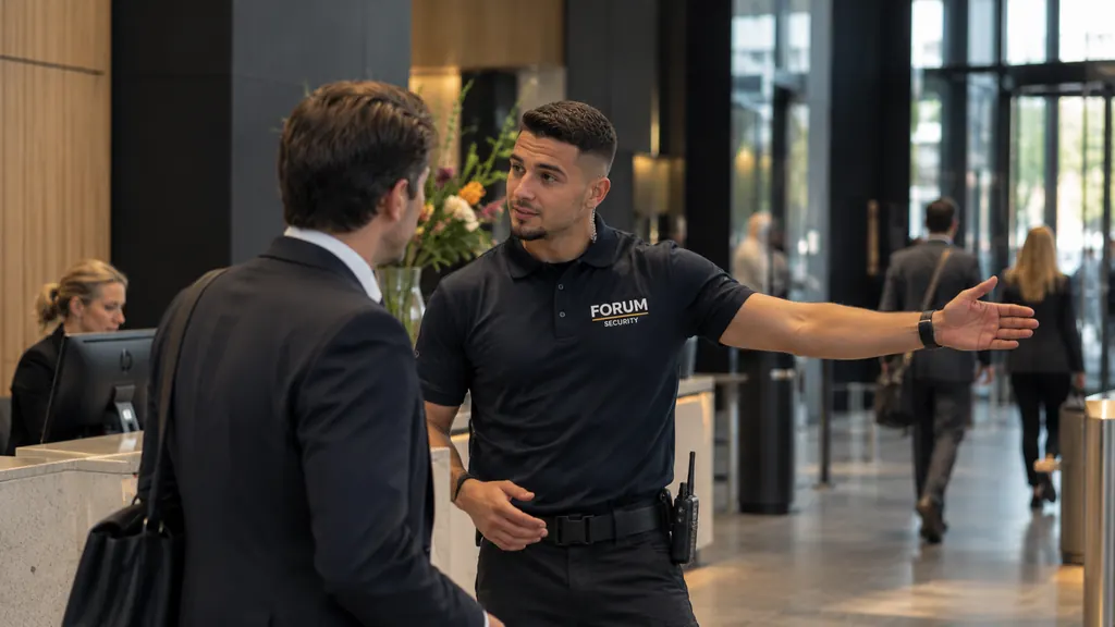 Beveiliger van Forum Security helpt een bezoeker in een kantoorlobby